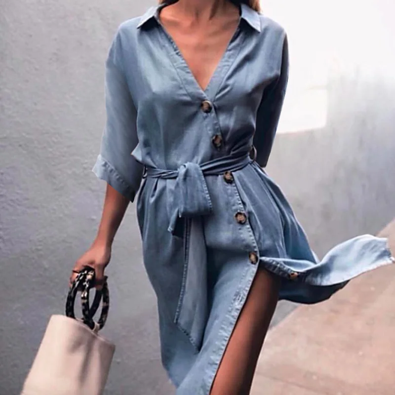 Spring Denim Dress Clothing Women Jeans Dresses Elegant V Neck Slim