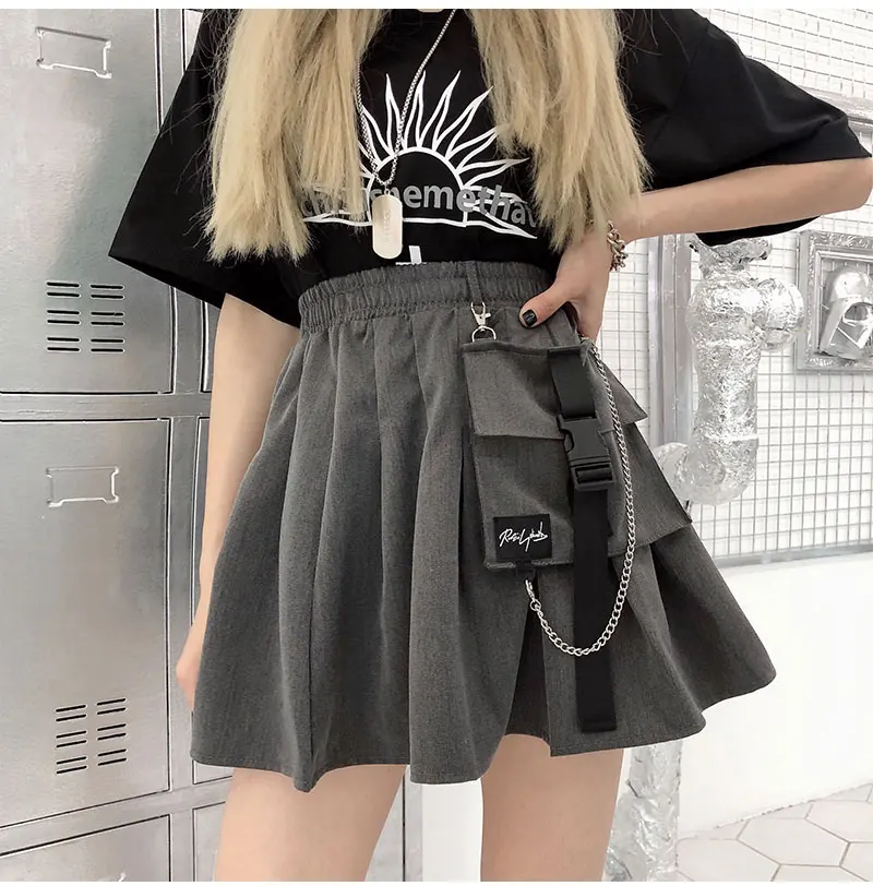 New Womens Skirts Autumn Fashion Short Skirt Female Pleated School Skirt Loose Pocket High Waist Metal Chain Summer Bottoms - Цвет: Chain grey