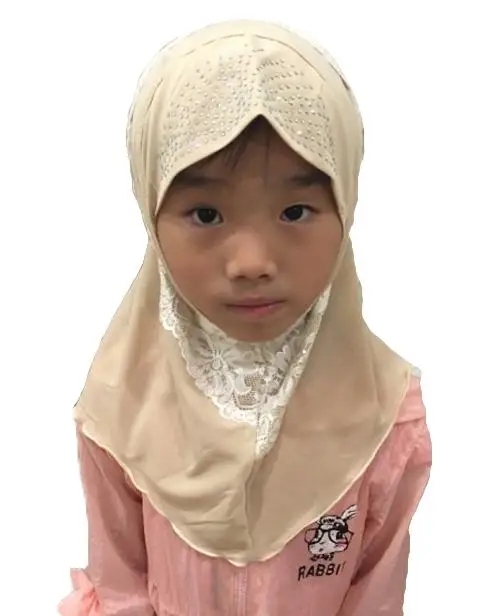 Мусульманские дети девочки Амира хиджаб исламский головной убор шаль шарф арабский цельный головной убор стразы на шею тюрбан Рамадан банданы - Цвет: Beige
