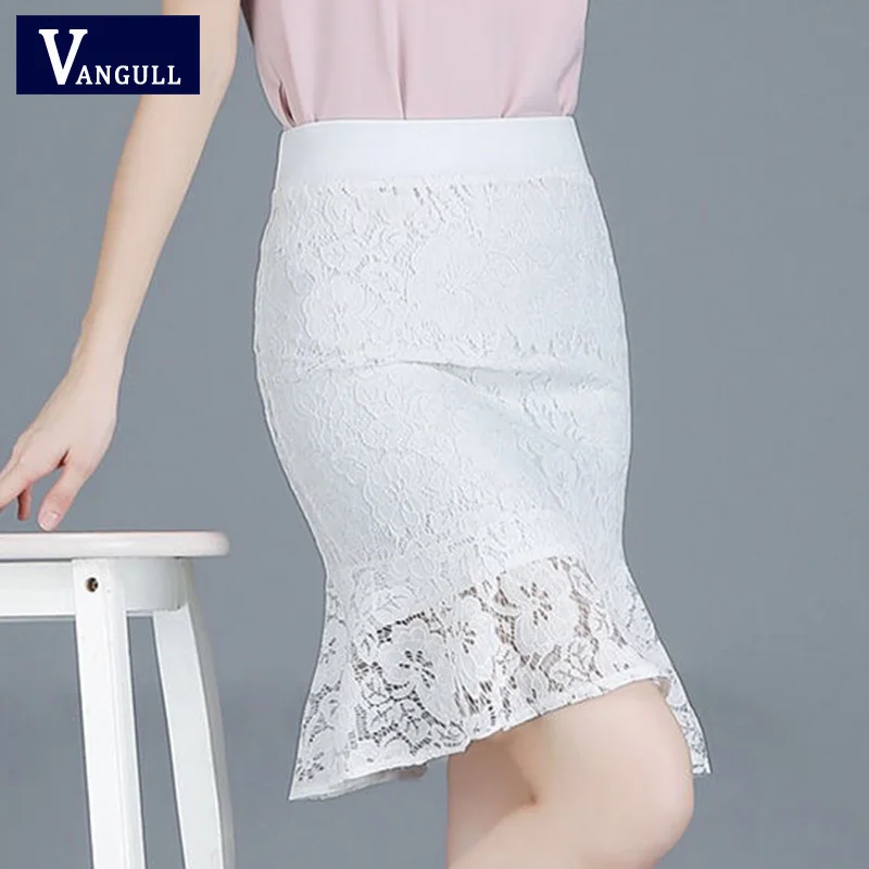 Белый Vangull 4XL кружевная юбка Для женщин элегантные летние Высокая Талия белые юбки модные перфорированные открытые туфли; Офисные женские туфли Женская облегающая мини-юбка - Цвет: Белый