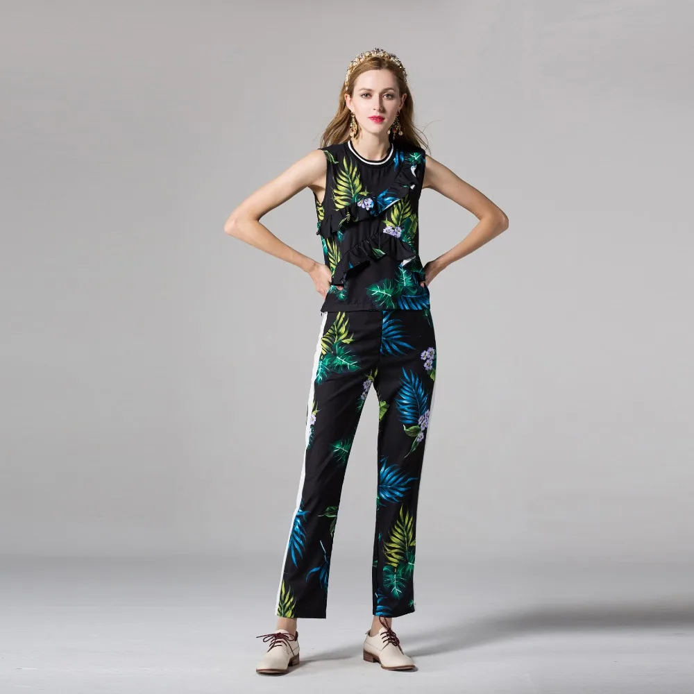 

2017 Latest Spring & Summer New Arrival O-Neck Sleeveless Patchwork Top + Fashion Full Length Print Perfect Suit Women 105a2