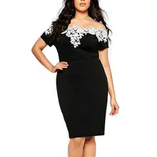 Vintage women Work Wear Office Dress Vestidos 2016 Summer Ladies Lace Crochet Off Shoulder Black Plus Size Pencil Dress