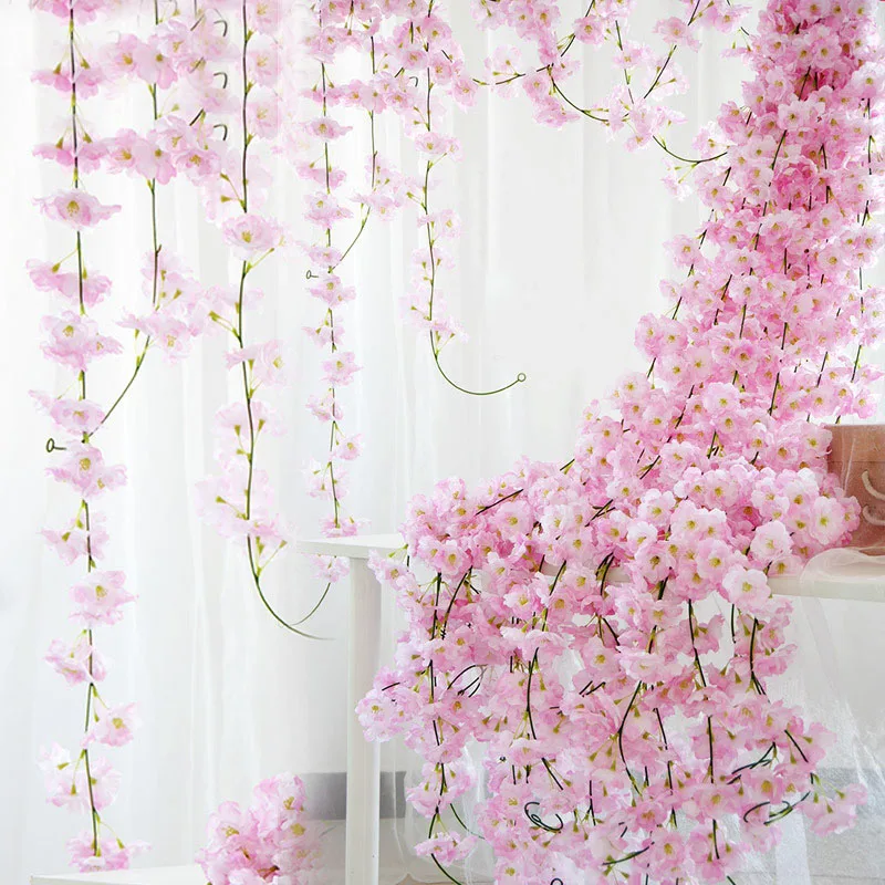 

2 m Cherry Vines Silk Artificial Flowers Rattan Lvy Vine For Garden Wedding Arch Home Party Background Window Decorative 8Z