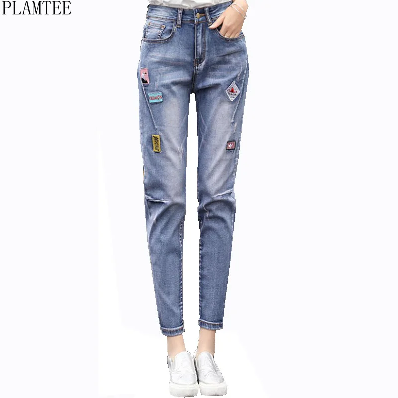PLAMTEE Plus Size 26 32 Patchwork Jeans Boyfriends High