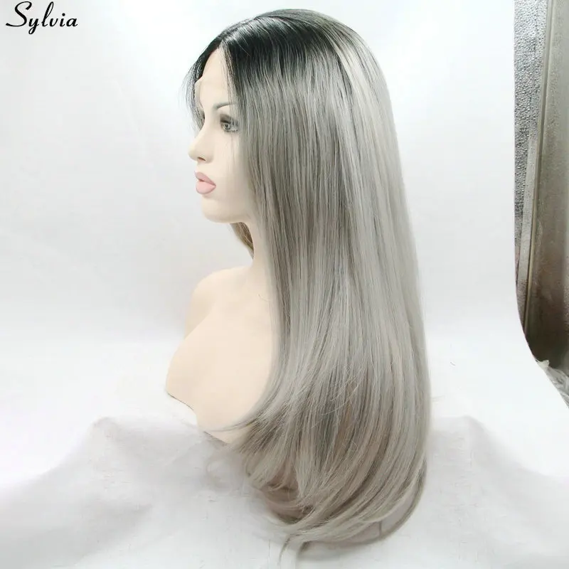 Sylvia черный и серый два тона прямое, Омбре парик синтетические кружева передние парики термостойкие волокна волос для женщин