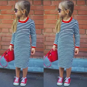 

Toddler Baby Kids Girls Stripe Dress Fashion Long Sleeve Clothes Outfits F7