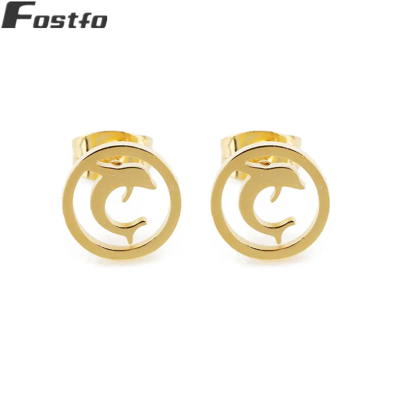 

Fostfo Gold Color Stainless Steel Animal Dolphin Stud Earrings For Women Brincos 2018 Small Round Earrings Jewelry Gifts