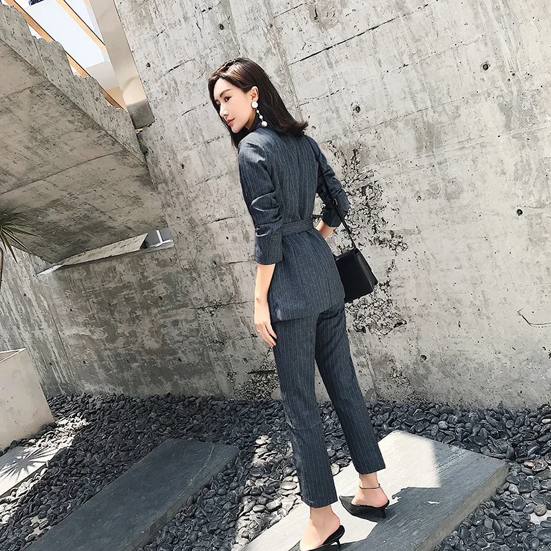 Woman suits lady suit office Full Sleeve Slim Work Striped Blazer Set Women's pants suit women 2019 autumn new women's clothing
