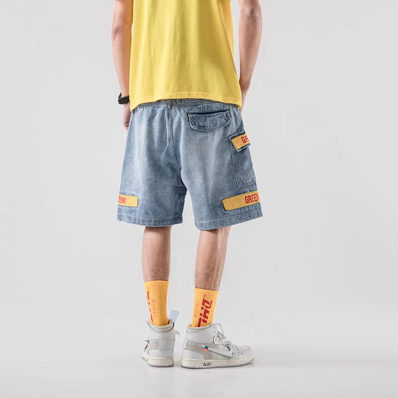 Idopy Men's Brand Designer Vintage Street Style Patchwork Jeans Shorts Cargo Denim Hip Hop Multi-Pockets Denim Shorts For Male