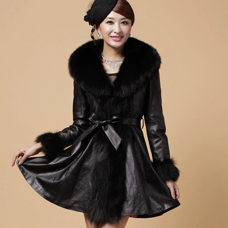 

ZY81013 Women Real Sheep Leather With Fox Fur Collar Sashes Slim Elegant Winter Women Fur Coats Female Overcoat