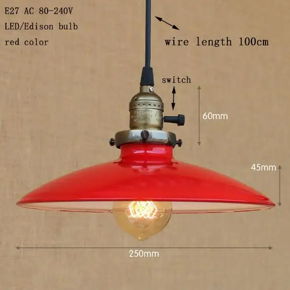 Винтажная Современная Подвесная лампа светодиодный красочный железный подвесной светильник американский стиль лофт бар/ресторан гостиная E27 светильник - Цвет корпуса: red