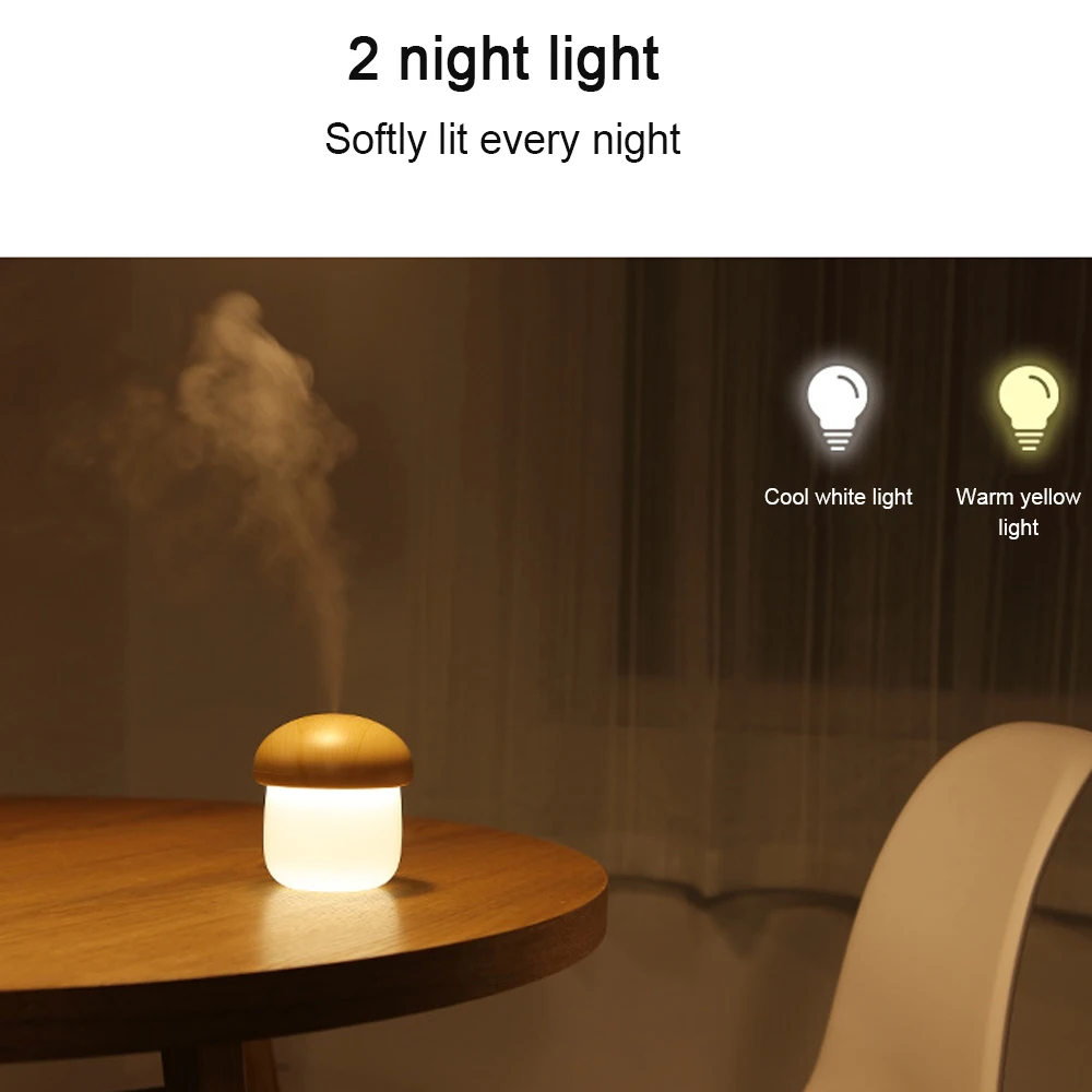 Portable USB Spray Humidifier LED Night Light For Car Office Mushroom ABS Wood Grain Christmas Home Decor Atmosphere Sleep Lamps (7)