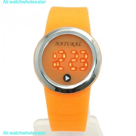DW418H NATURAL PNP Shiny Silver Watchcase LED Silicone Orange Band Digital Watch
