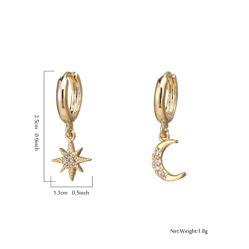 YMYW Fashion Korean Star Moon Asymmetric Dangle Earrings Charm Copper 16 k Plated Gold Earrings for Women Bijoux En Argent 925