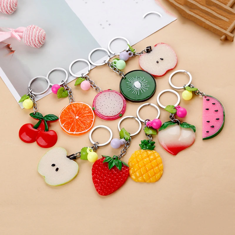 100pcs/lot Fruit Keychain Orange Key Chain Apple Keyring Pineapple Key