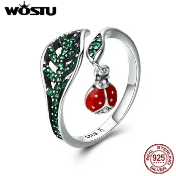 

WOSTU Hot Sale 925 Sterling Silver Resting Ladybug In Leaves, Green CZ Adjustable Rings for Women Silver Jewelry Gift DXR310