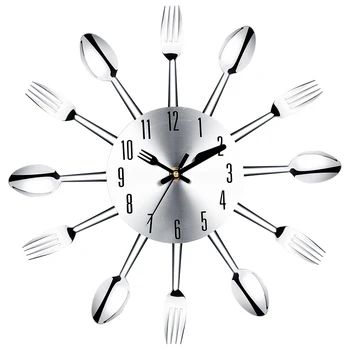 

3D Wall Clock Modern Design Large Wall Watch Home Stainless Steel Knife and Fork Spoon Kitchen Restaurant Clock Home Decor 25X09