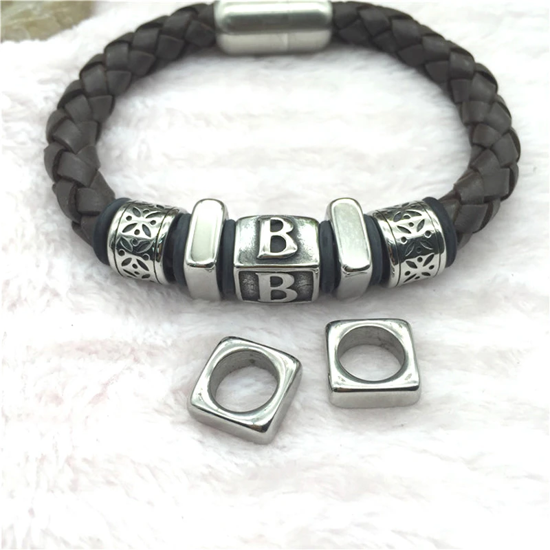 Wonlee Winle Stainless Steel 8.5mm hole Square Beads Spacer Charms For Men Leather Bracelet Jewelry Making(Without Bracelet) | Украшения и