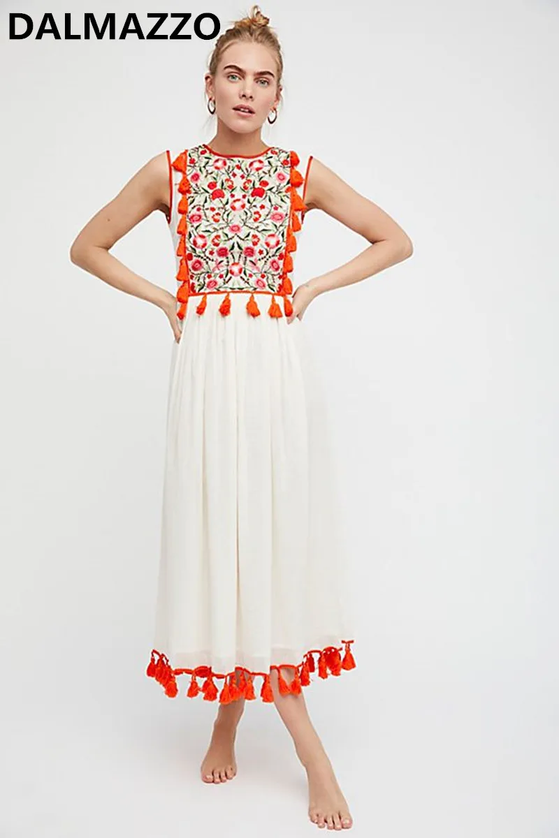 

Harajuku Womans Embroidery Flowers Tassel Hippie Boho Long Dresses 2019 Summer Design Women Sleeveless Loose Vest Long Dress