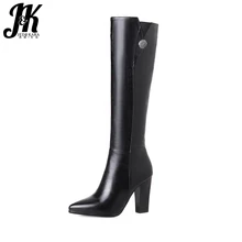 JK большой Размеры 33-43, высокого качества женские сапоги до колена Для женщин Пикантный острый носок женские туфли на высоком каблуке зимние сапоги черного цвета на молнии