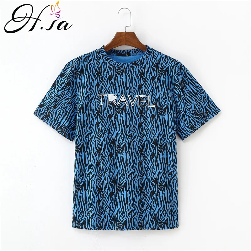 

H.SA Zebra Striped Tops Shirts Harajuku Vintage Woman T-shirt Short Sleeve O-neck Tee Trip Travel Holiday Tee Tops Cotton Tees