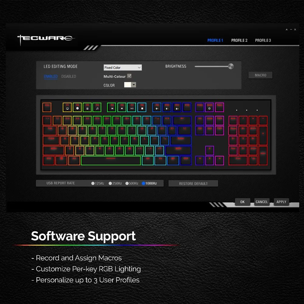 Механическая клавиатура TECWARE Phantom 104, RGB LED, переключатель Outemu Blue, дополнительные переключатели, отлично подходят для геймеров