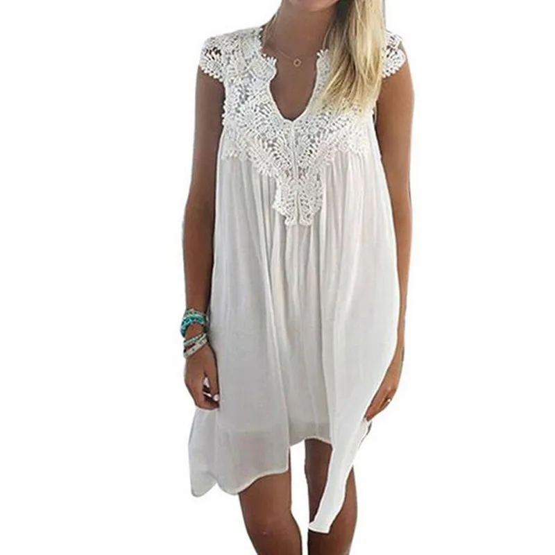Buy White Chiffon Beach Dress Hollow Out Lace Cover Up