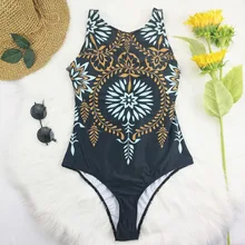 Винтажный цельный купальный костюм Bohe женский купальник с рисунком, монокини с высоким воротом, цветочный трикини, черный купальный костюм с открытой спиной, купальный костюм