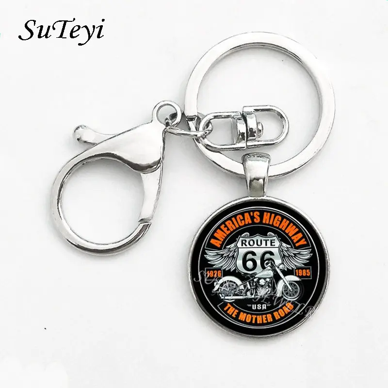 Vintage Metal Key Chain USA Route 66 Route Signs Key Ring Charming Men And Women Gifts Round Glass Cabochon Pendant Keychian