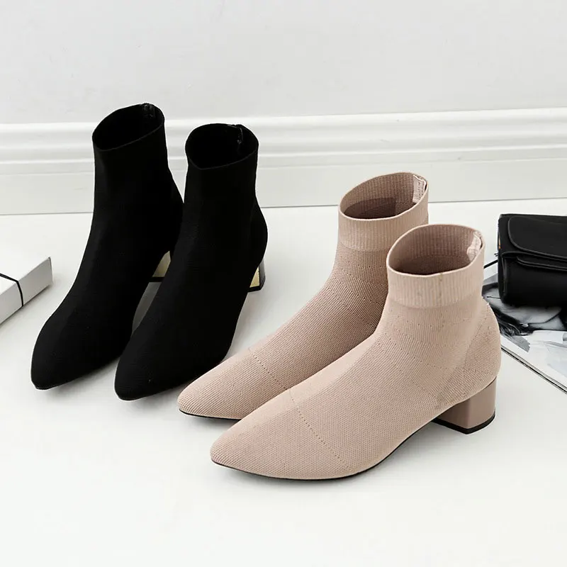 

Women Spring Autumn Knitting Ankle Boots Slip-On Pointed Toe Med Square Heel Ladies Booties Solid Casual Fashion Shoes 6O0269
