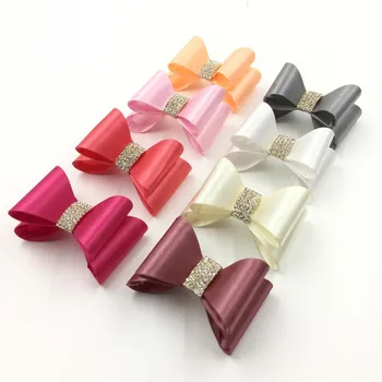 

10pcs/lot 3.2" 8colors Hair Clips Luxe Hair Bows With Rhinestone Button Handmade Hard Satin Bow For Kids Girls Hair Accessories