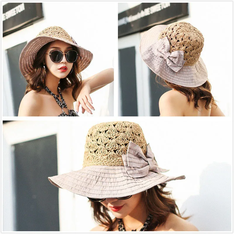 Women Patch Splicing Straw Hat Fashion Wide Brim Bow Cap Ladies Headwear Summer Travel Outdoor Beach Sun Hats CP0196 (2)