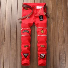 2017 new men motociclista jeans fake zippers denim pants red slim jeans pants stretch Skinny fashion jeans men 6601
