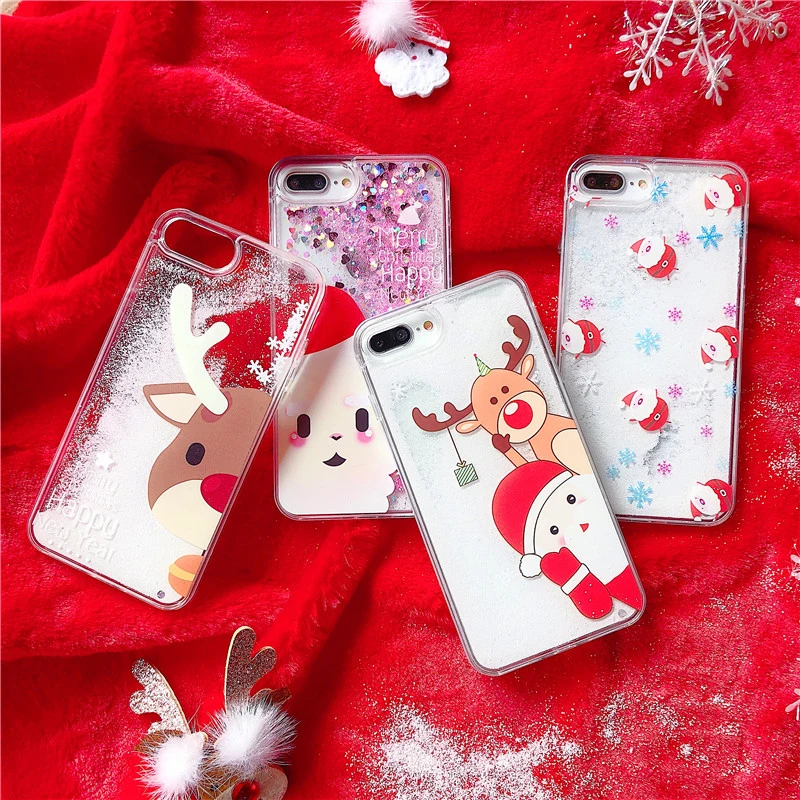 Merry Christmas phone case for iPhone XR XS Max X 6 6S 7 8 Plus Liquid Dynamic snowman deer hard PC +TPU Mobile Back Cover |
