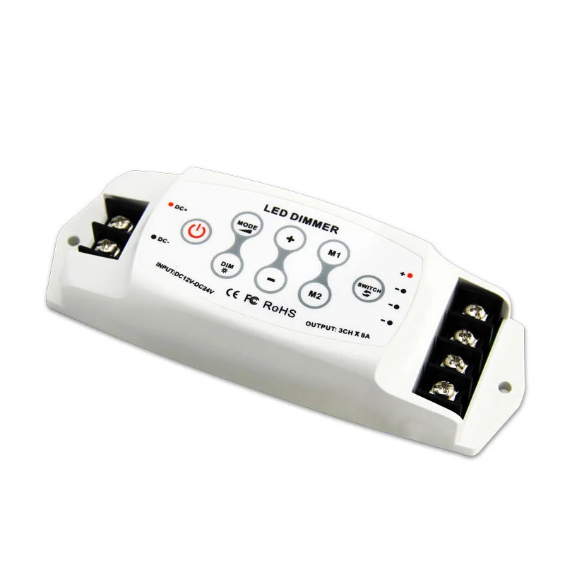 

DC5-24V 3 Channels Output Max. Total 24A Brightness Adjustable PWM Single Color LED Dimmer Controller for LED Strip Light Lamp