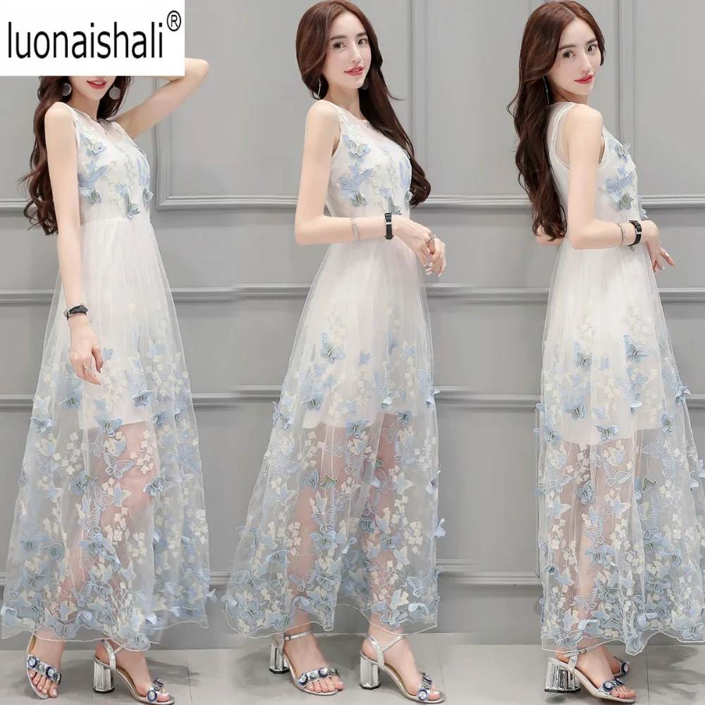 

Sexy Women Floral Embroidery Sweet Dresses Sheer Mesh Summer Boho A-line Dress Sleeveless Maxi Dress 2018 Vestidos De Festa