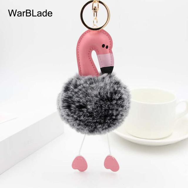 New Flamingo Pompom Keychain Fluffy Fake Rabbit Fur Ball Key Chain Porte clef Women Car Bag pompon Key Ring Accessories