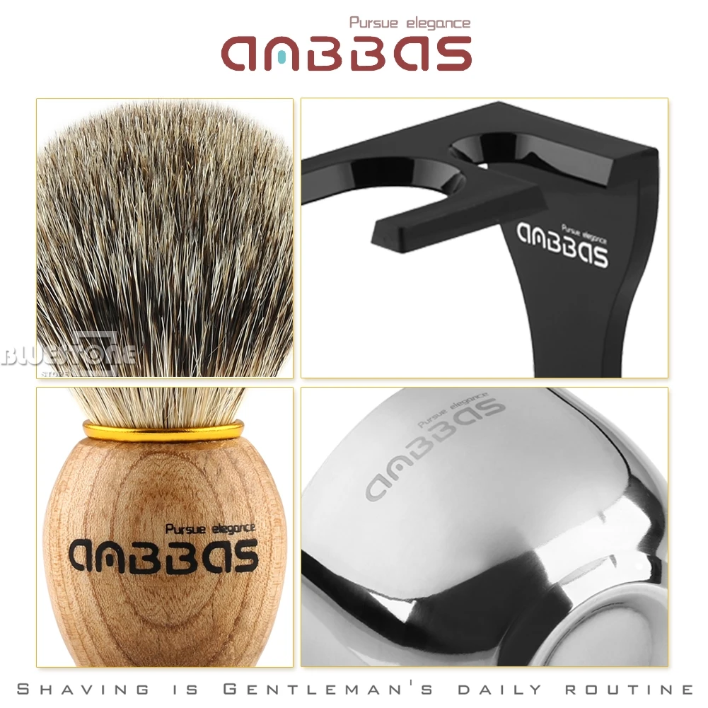 Online Anbbas Barber Shaving Brush Badger Hair+Black Acrylic Stand+bowl+Soap Set