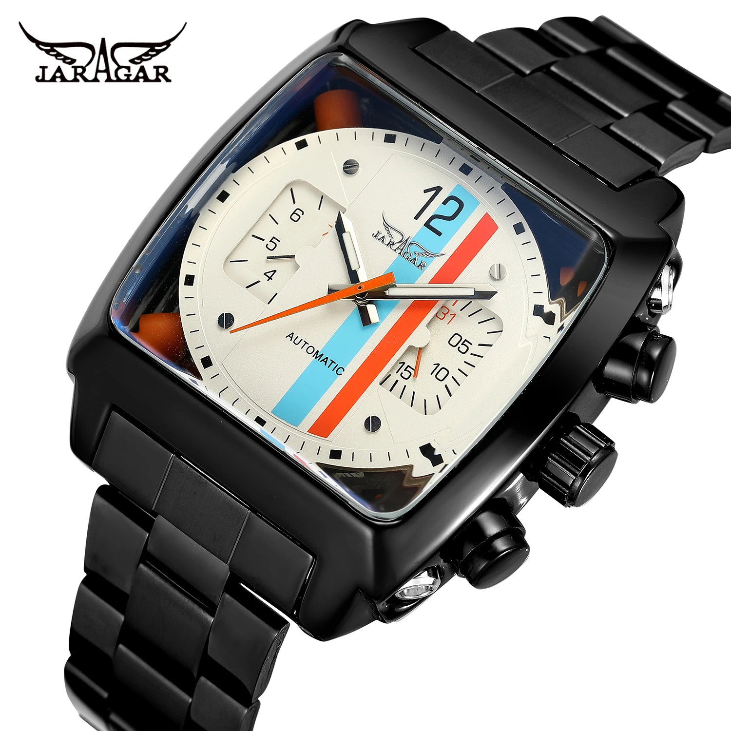 

Fashion Jaragar Top Brand Square Dial Men's Day Month Automatic Mechanical Full Steel Watch Reloj Male Wristwatch Montre Homme