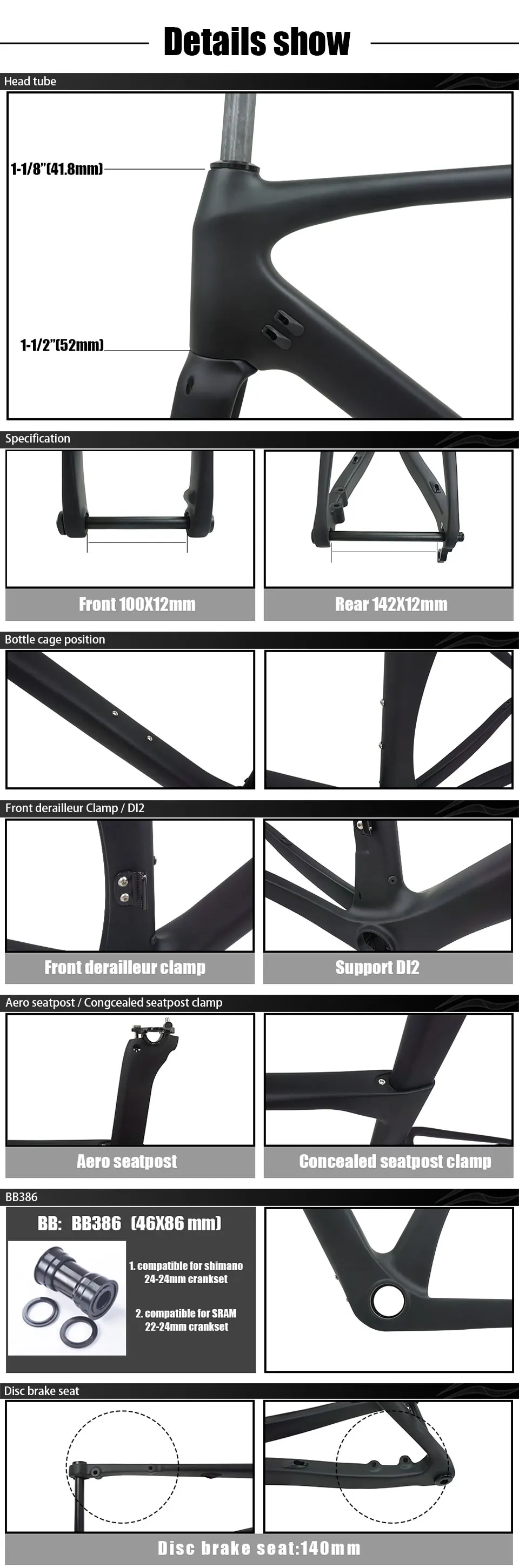 Sale Taiwan quality flat mount Disc brake road carbon frame 2019 axle 142*12mm Di2 UD carbon fiber road bicycle frameset disc brake 7 Sale Taiwan quality flat mount Disc brake road carbon frame 2019 axle 142*12mm Di2 UD carbon fiber road bicycle frameset disc brake 7
