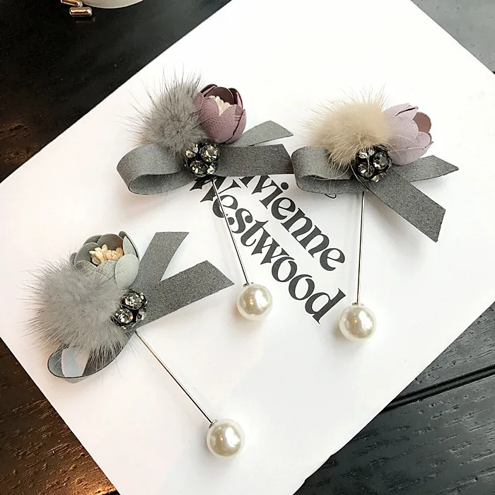 

Korean Mane Ball Cloth Flower Crystal Rhinestone Pearl Brooches Pins Suit Brooch Bow Lapel Pin Long Needle Buckle Women Jewelry