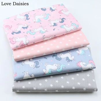 

100% Cotton Twill Cloth GRAY PINK Cartoon MINI Unicorn Running Star Fabric for DIY Crib Bedding Cushion Cot Sheet Handwork Decor