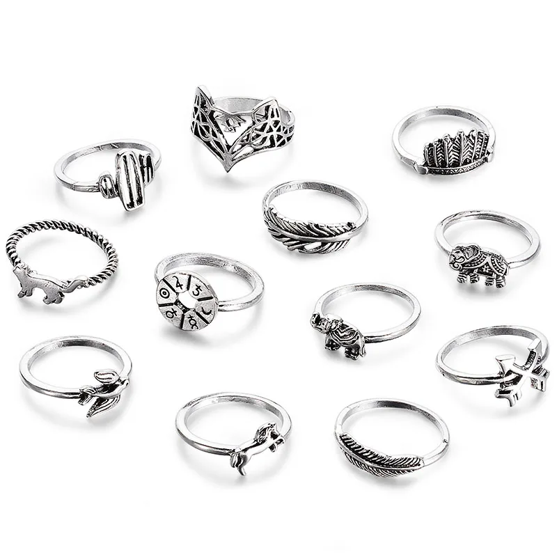 

1Set Fashion Charm Roses Rings for Women Girl Wedding Party Vintages Leaf Carving Totem 11 Pcs/Set Noble Ring Jewelry Wholesale