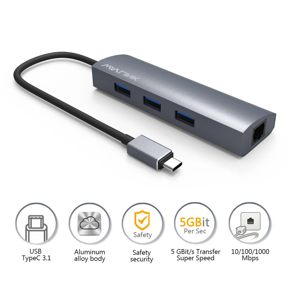 Wavlink USB C 3,1 to Gigabit Adapter серии 3-Порты и разъёмы USB 3,0 Алюминий концентратор с Тип C адаптер+ RJ45 Gigabit Ethern LAN Порты и разъёмы-серый