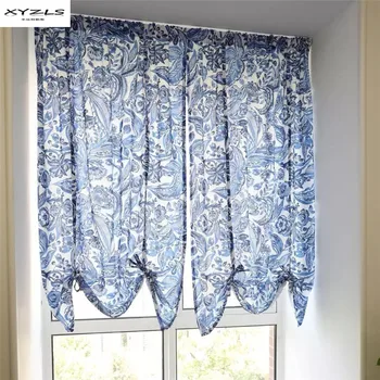 

XYZLS Pastoral Blue Roman Curtain Semi-shading Coffee Curtain Kitchen Short Curtain For Home Decoration 46x63inch 1Piece