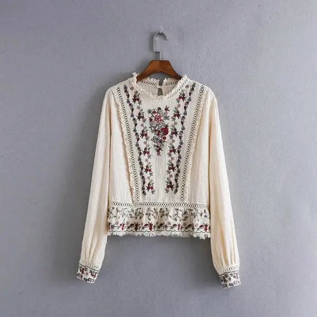  2016 women elegant vintage lace hollow out long sleeve blouse retro vestidos floral embroidery ruff