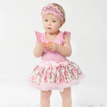 Новые подарки на день рождения, кружевные боди с рукавами для маленьких девочек+ повязка-корона+ платья-пачки с цветочным рисунком, костюм из 3 предметов, розовые комплекты одежды для малышей