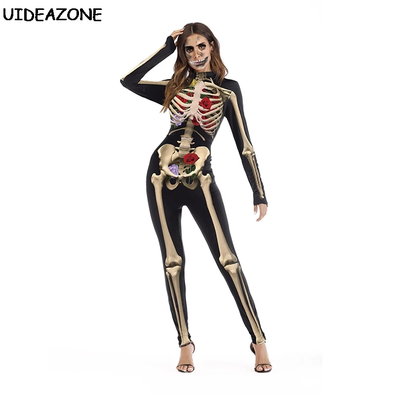 

UIDEAZONE 2019 Halloween Clothing Combinaison Femme 2019 Rompers Womens Jumpsuit Sexy Bodysuits Skull Skeleton Rose Print Female