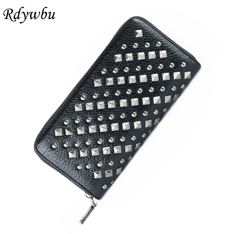 

Rdywbu Ladies Zipper Popular Punk Rivets Holding Fashion Women Leather Clutch Wallet Long Solid Card Holder Gift Money Bag H165