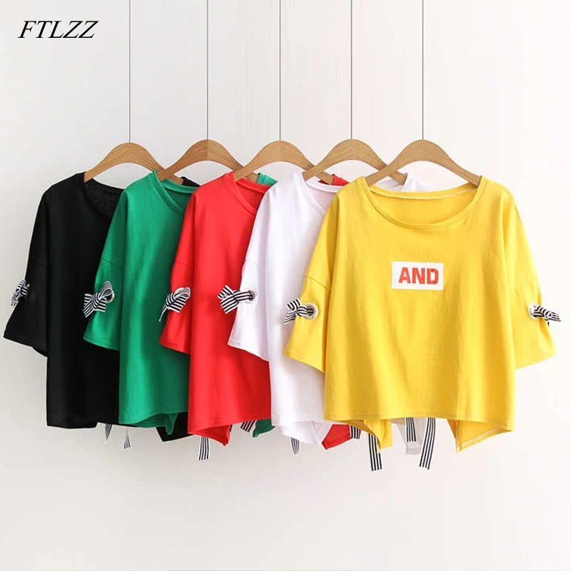

FTLZZ Women T Shirt Summer Crop Tops Letter Print Short Sleeve Cotton Loose Yellow Black White Short T-shirt